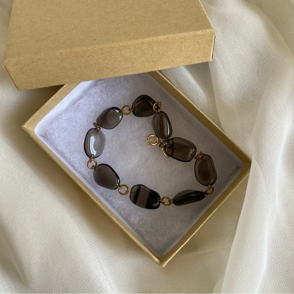 Vintage Smoky Brown Quartz Glass Bead Bracelet – Gold Chain Link